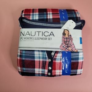 NAUTICA 2-pc Women's Sleepwear PAJAMA Silky STRECH Fleece red plaid L New w/Tags